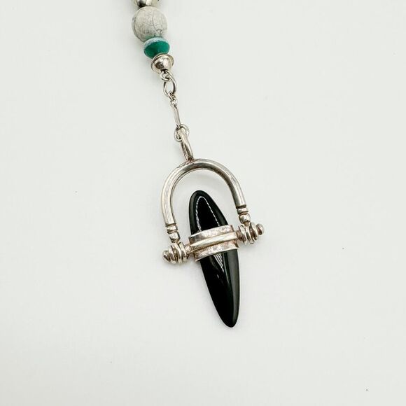Turquoise Howlite Obsidian Silver Vintage Necklace Retro 80s Handmade Artisan - Picture 3 of 11